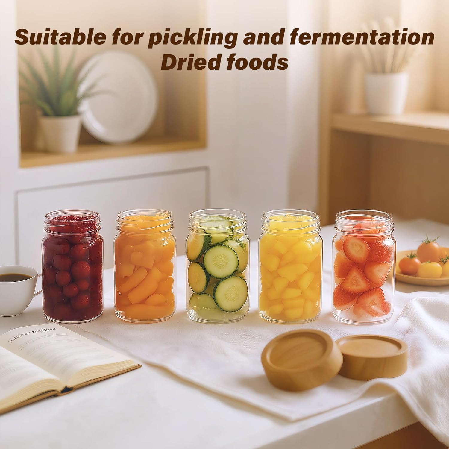 6pc Glass Mason Jars with Acacia Wood Airtight Lids - Overnight Oats & Food Storage Container Set