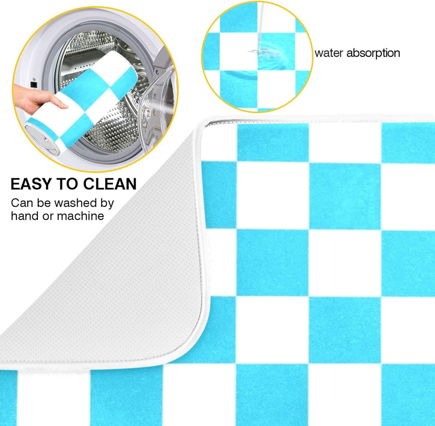 Turquoise Chessboard Dish Drying Mat for Kitchen Countertop 16x18 Teal Plaid Checkered Rectangle