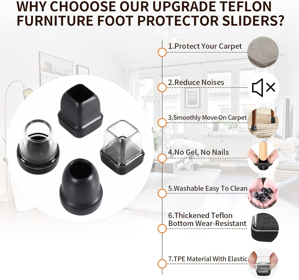 Ezprotekt 24 Pcs Chair Leg Sliders for Carpet, Square Black Teflon Furniture Glides Protectors