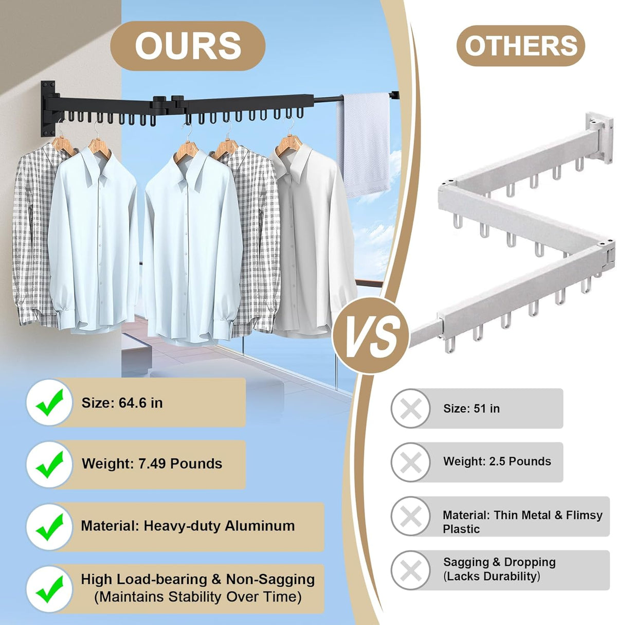 Bakala Clothes Drying Rack Foldable, Laundry Drying Rack Clothing Wall Mounted, Clothing Racks for
