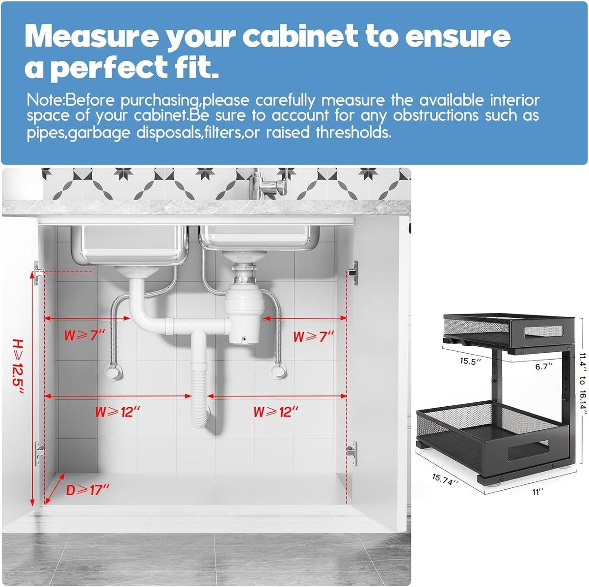 2-Pack Under Sink Storage Organizer, Large 2-Tier Elegant Mesh Pull Out Shelf for Kitchen and