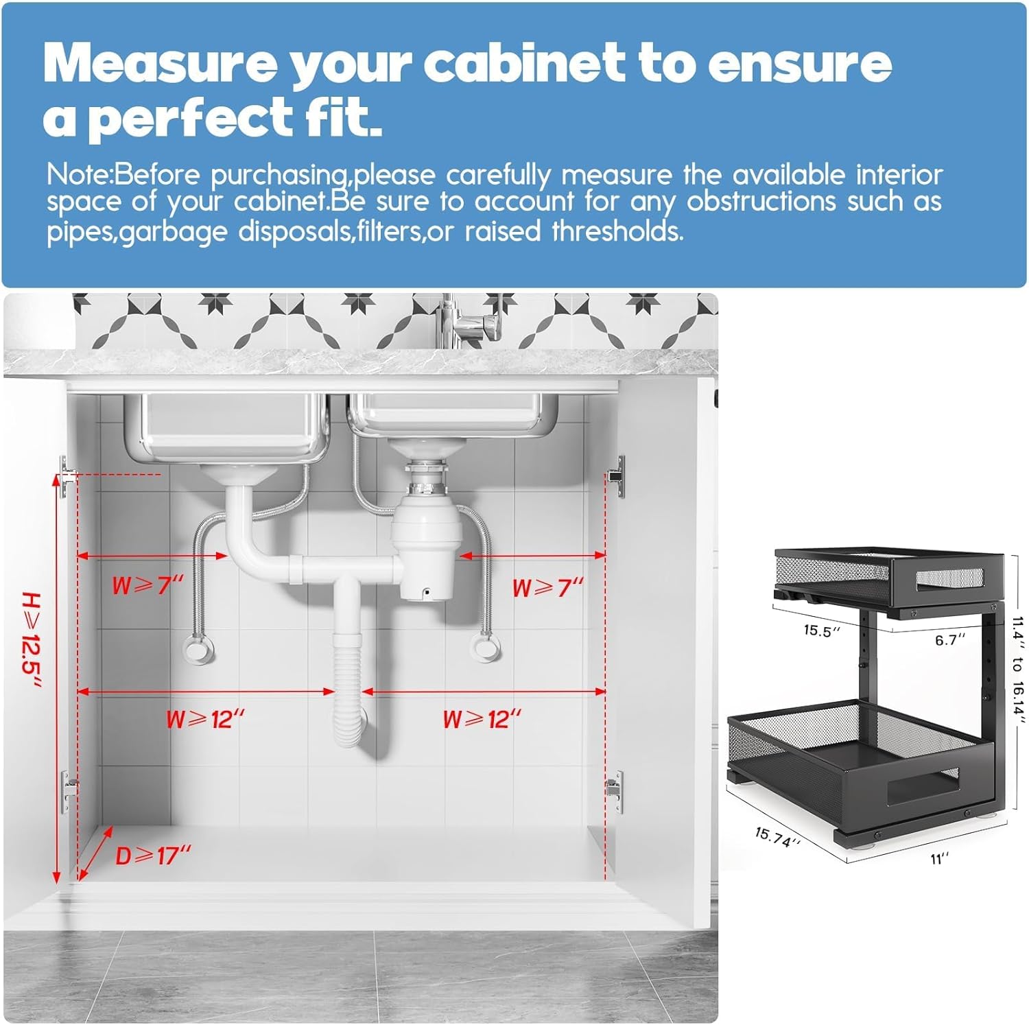 2-Pack Under Sink Storage Organizer, Large 2-Tier Elegant Mesh Pull Out Shelf for Kitchen and