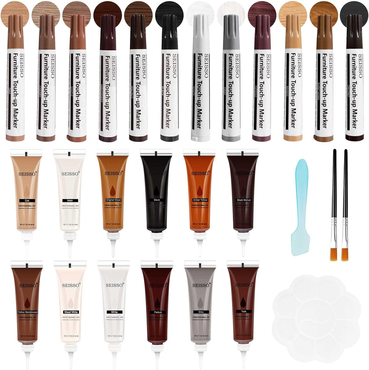 SEISSO Furniture Repair Kit, Wood Markers for Scratches, 12 Colors Furniture Touch-up Markers and