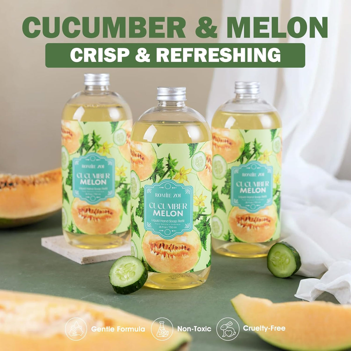 ROMIIE ZOI Liquid Hand Soap Refills Gift Set – Cucumber & Melon Scent – 3 x 26 Fl Oz Bottles
