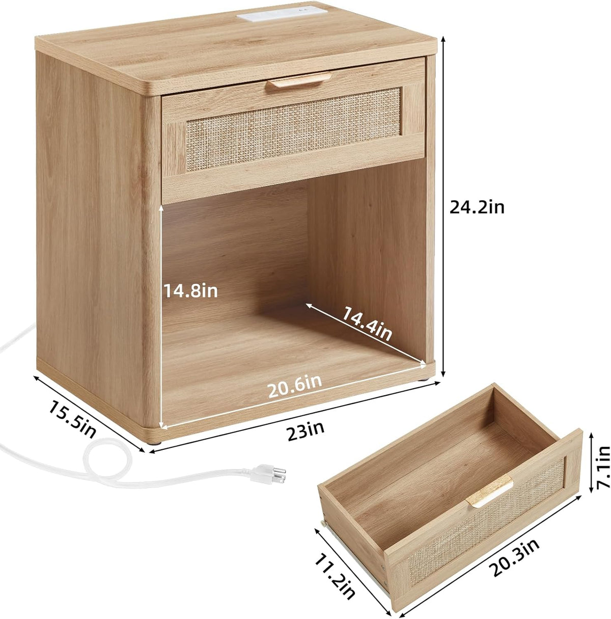 LEYAOYAO Rattan Nightstand with Charging Station, 23" Wide Boho Night Stand with Drawer, Natural