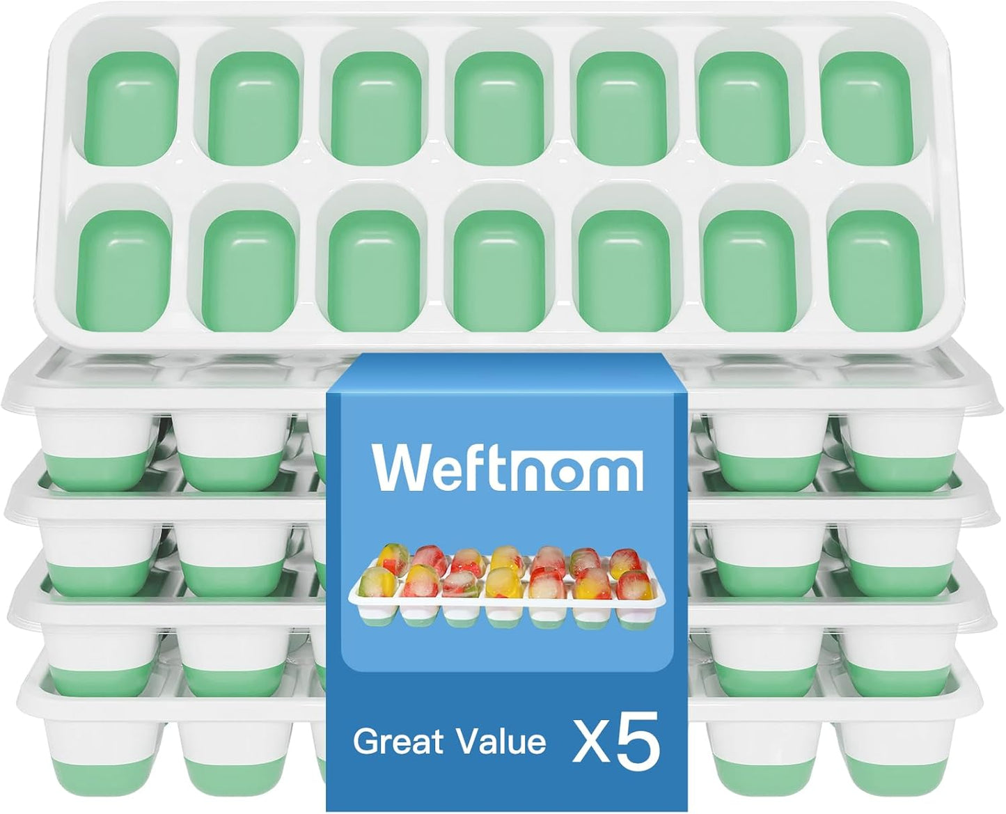 Ice Cube Tray 5 Pack, 60 Cubes (14 per Tray) Silicone Ice Cube Trays with Spill-Resistant Lids