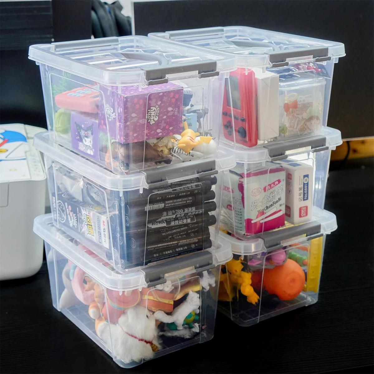 6 Quart Plastic Stackable Storage Latch Bins,Clear Latching Box with Handle and Lid,Pack of 6 (Grey