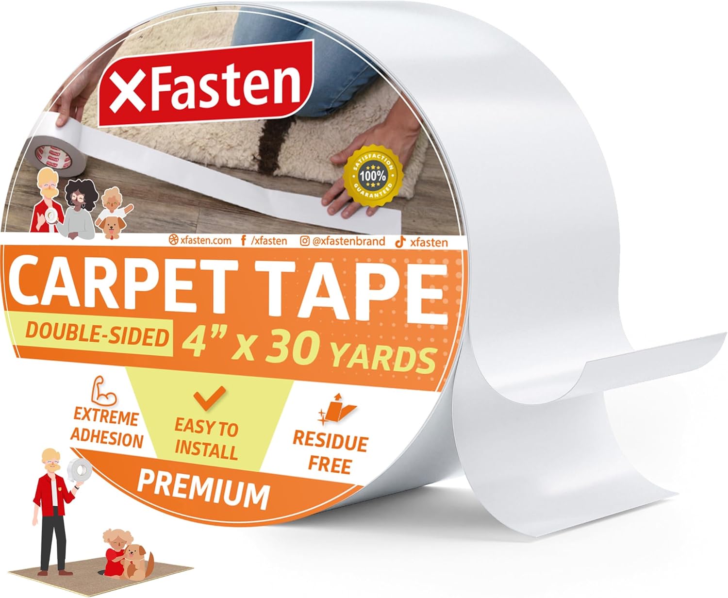 XFasten Double Sided Carpet Tape for Area Rugs, 4 Inch x 30 Yards – Heavy Duty Anti Slip Rug Grip