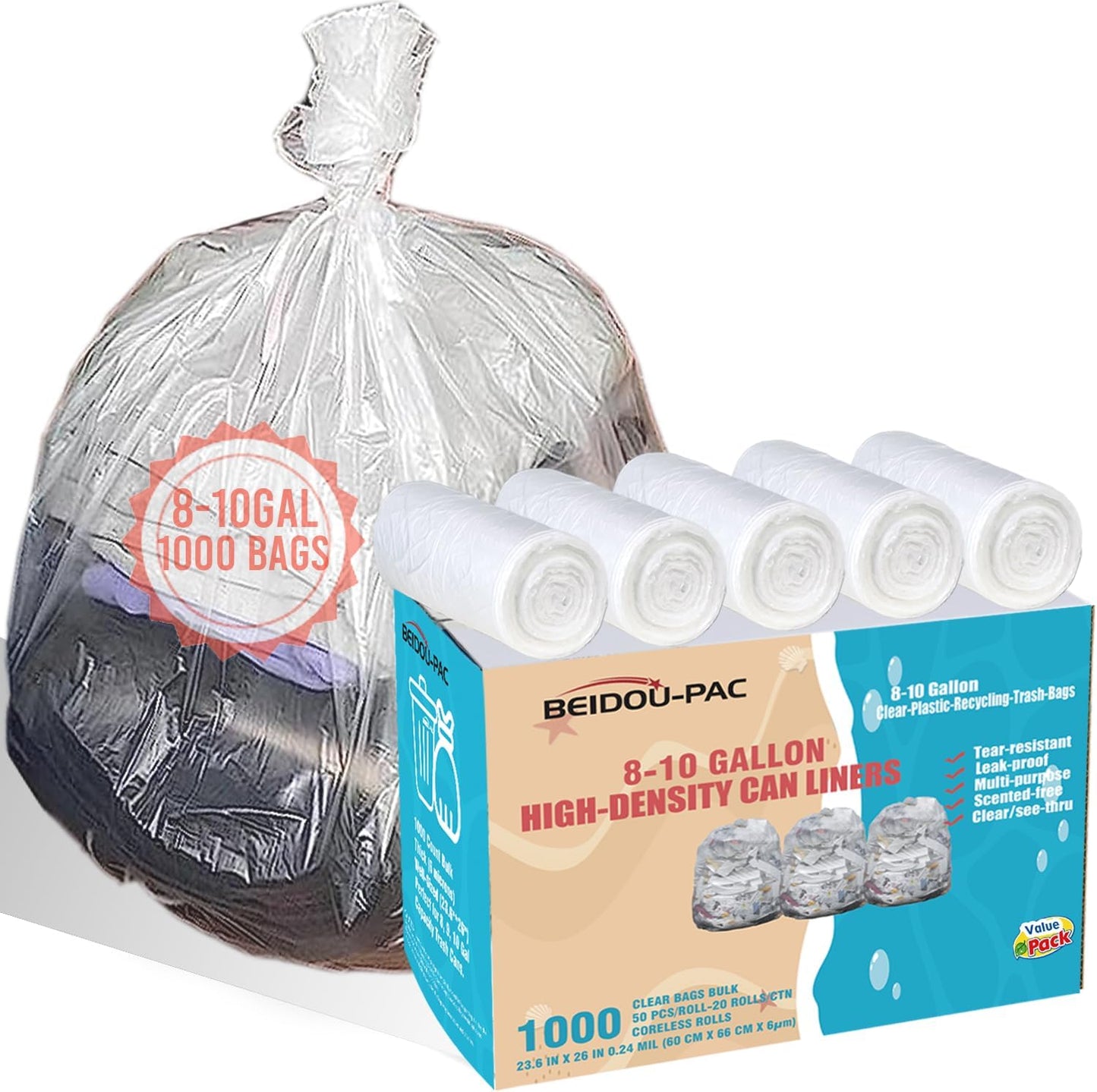 Trash Bags 8-10 Gallon, 1000 Count Bulk Value Pack, Clear Plastic Recycling Bags, Multi-purpose