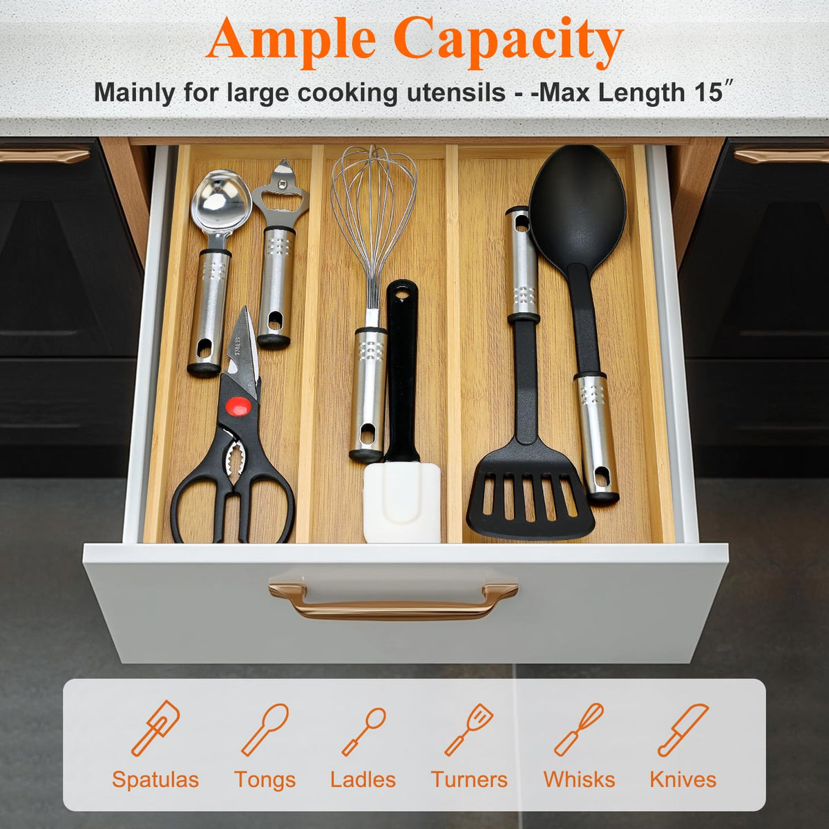 Large Bamboo Kitchen Utensil Drawer Organizer Expandable Silverware Tray