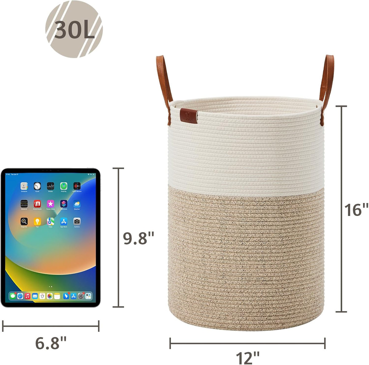 VIPOSCO Small Laundry Basket, Slim Baby Hamper with Leather Handle, Cute Woven Rope Storage Basket