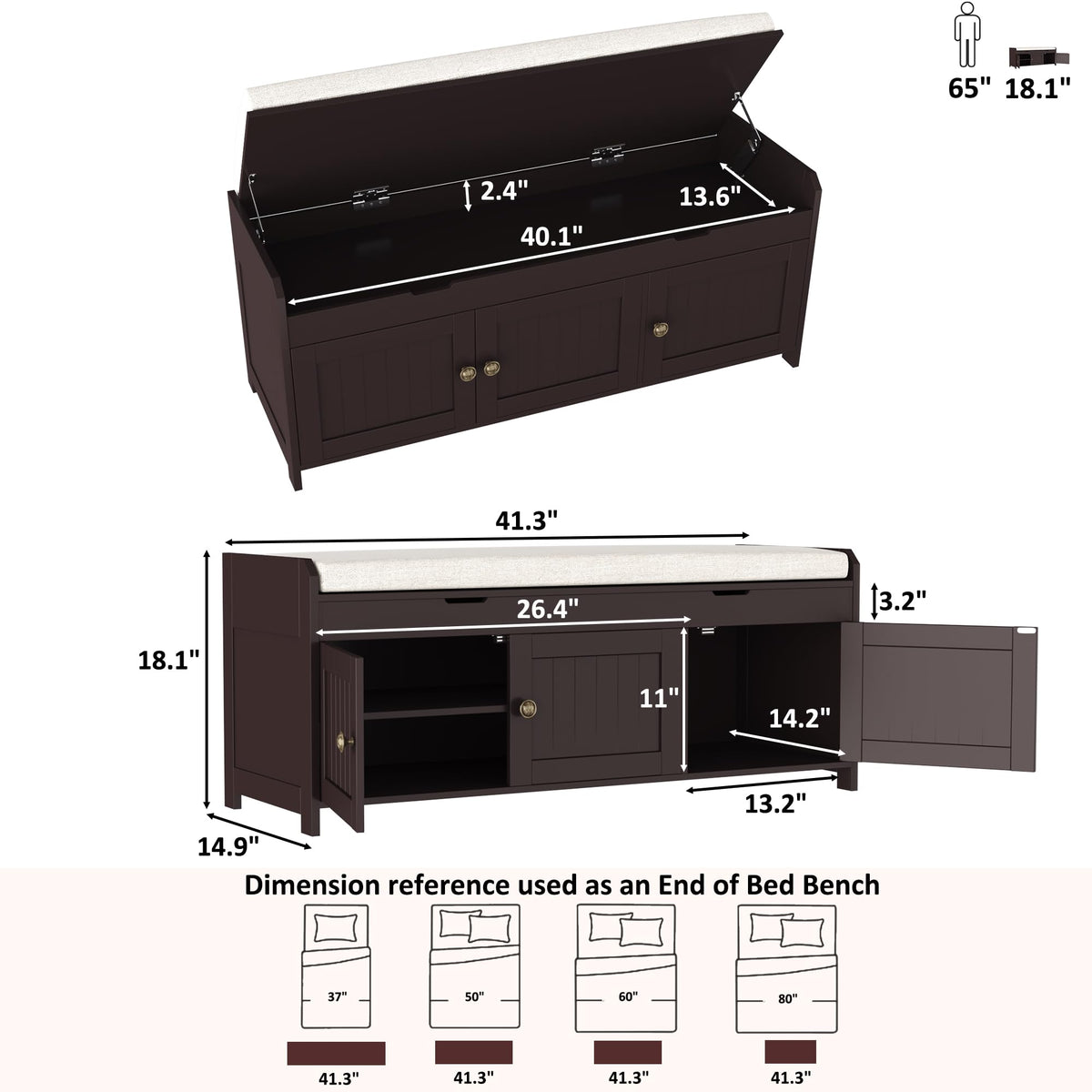 HOMEFORT 41.3" Shoe Bench with Lift Top Storage, Entryway Bench with Cushioned Seat, Wooden End of