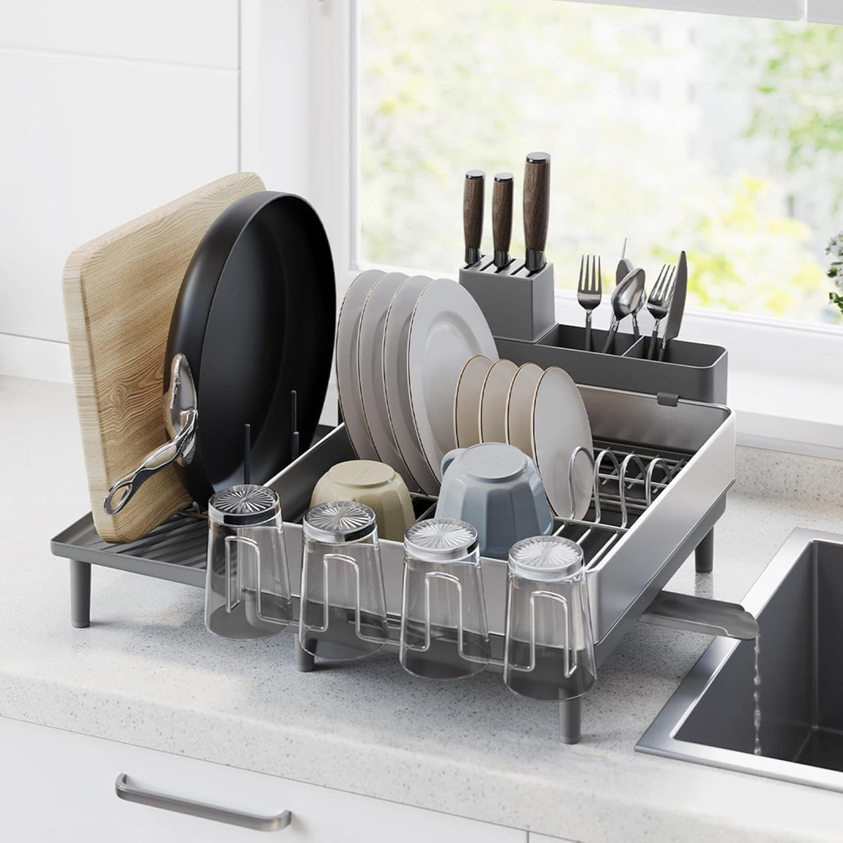 SONGMICS Large Dish Drying Rack, Expandable Dish Dryer for Kitchen Counter, Stainless Steel Dish