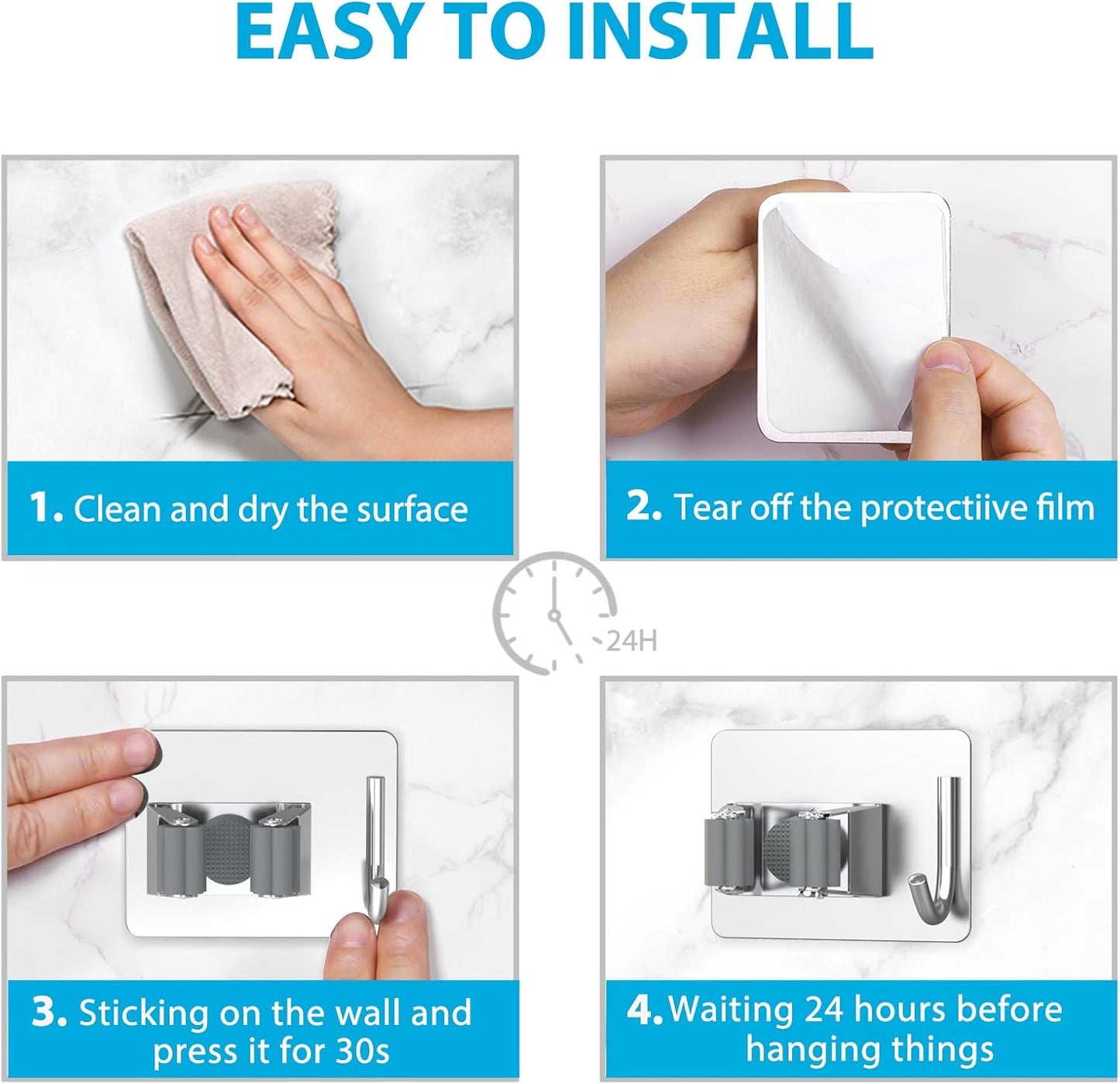 Mop Broom Holder No Drill, Mop Broom Organizer Wall Mounted Heavy Duty with Hooks Hanger, Self