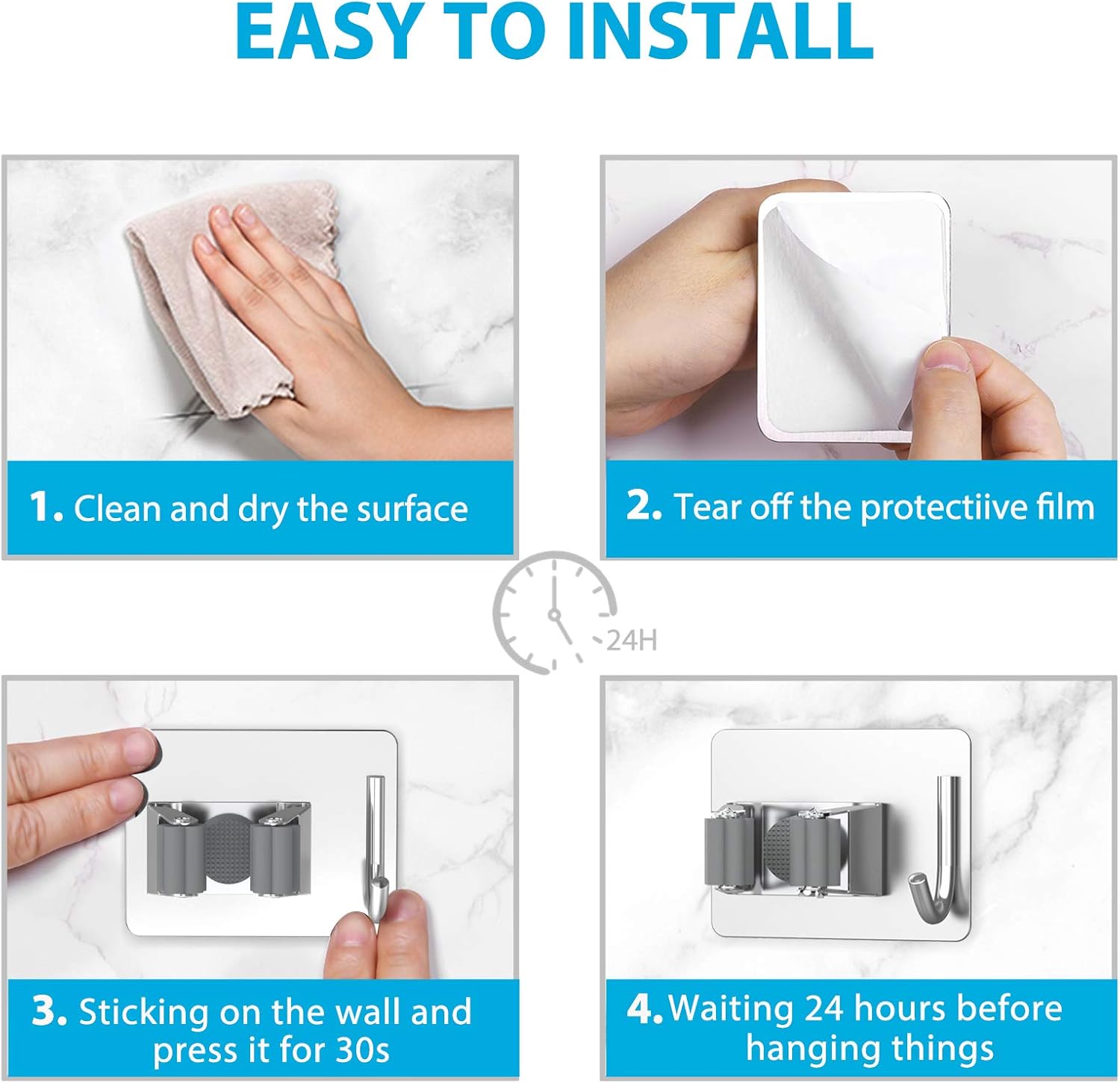 Mop Broom Holder No Drill, Mop Broom Organizer Wall Mounted Heavy Duty with Hooks Hanger, Self