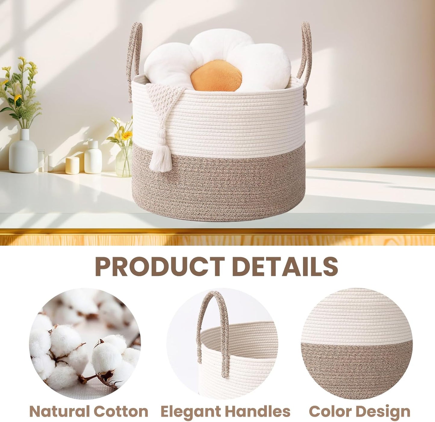 Woven Blanket Basket,115L Large Rope Storage Bin with Handles, Organizer for Blankets Toys Book and