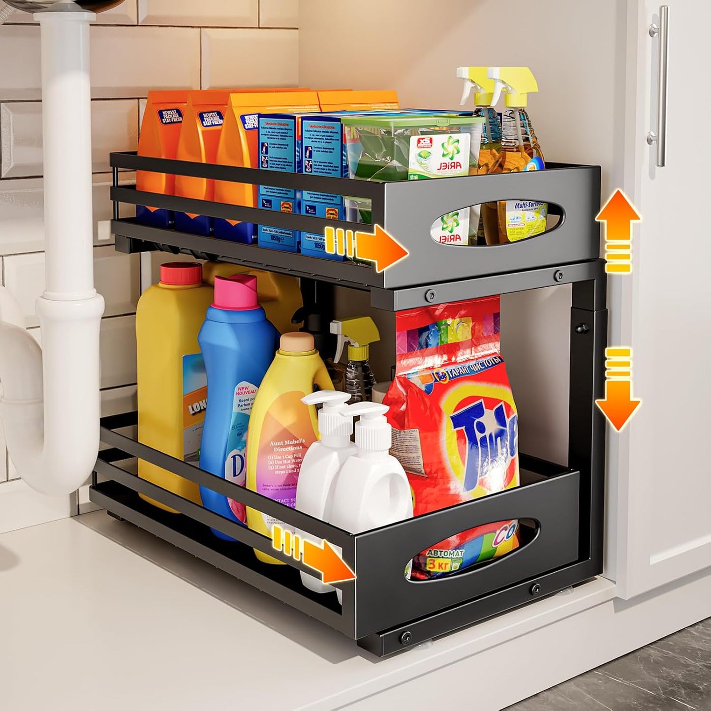Under Sink Organizer, 2 Tier Under Sink Organizers and Storage, Adjustable Height, Slide out Metal