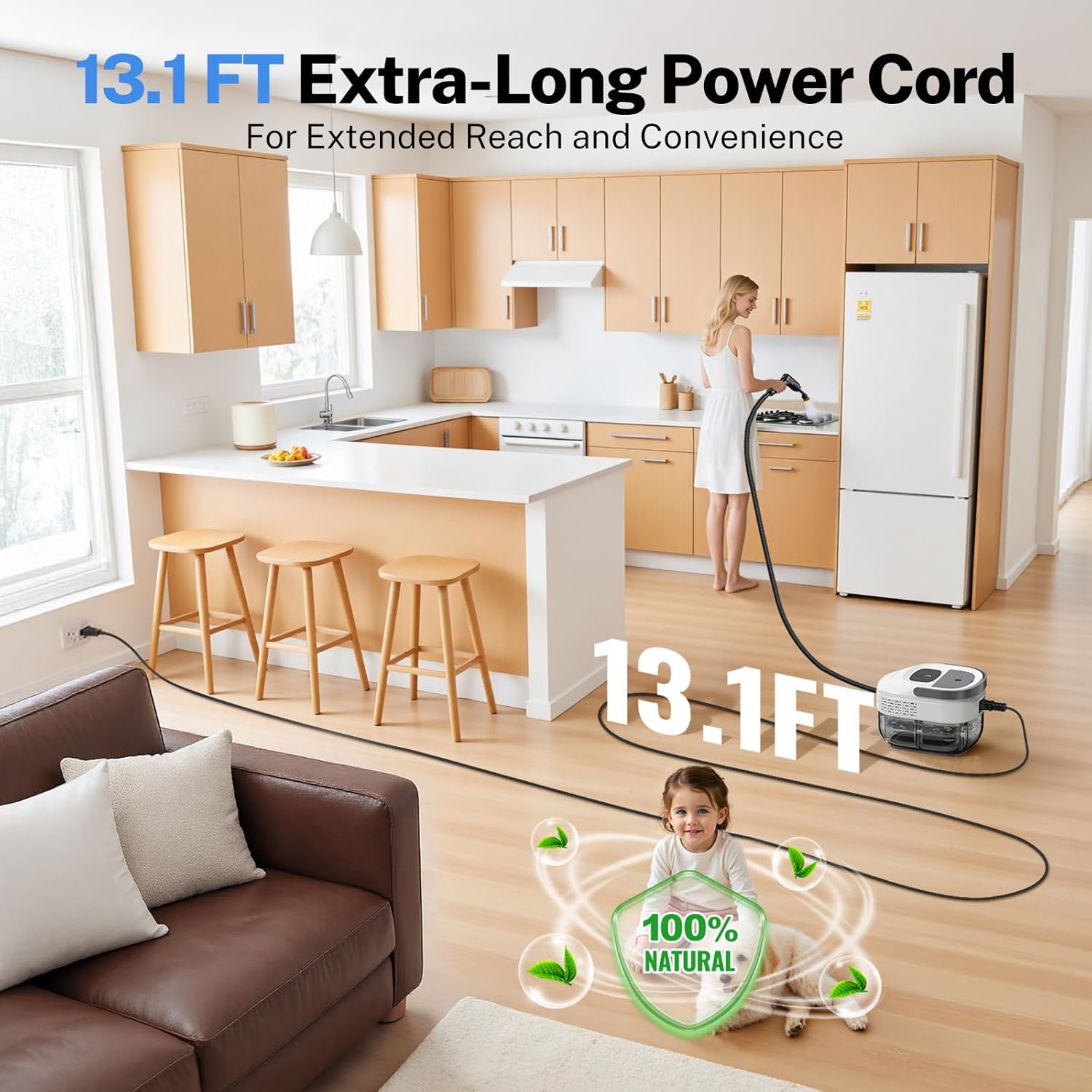 ODSD Steam Cleaner for Home & Car, 3-Level Adjustable Steamer for Cleaning, 15s Heat-Up & 1.6L