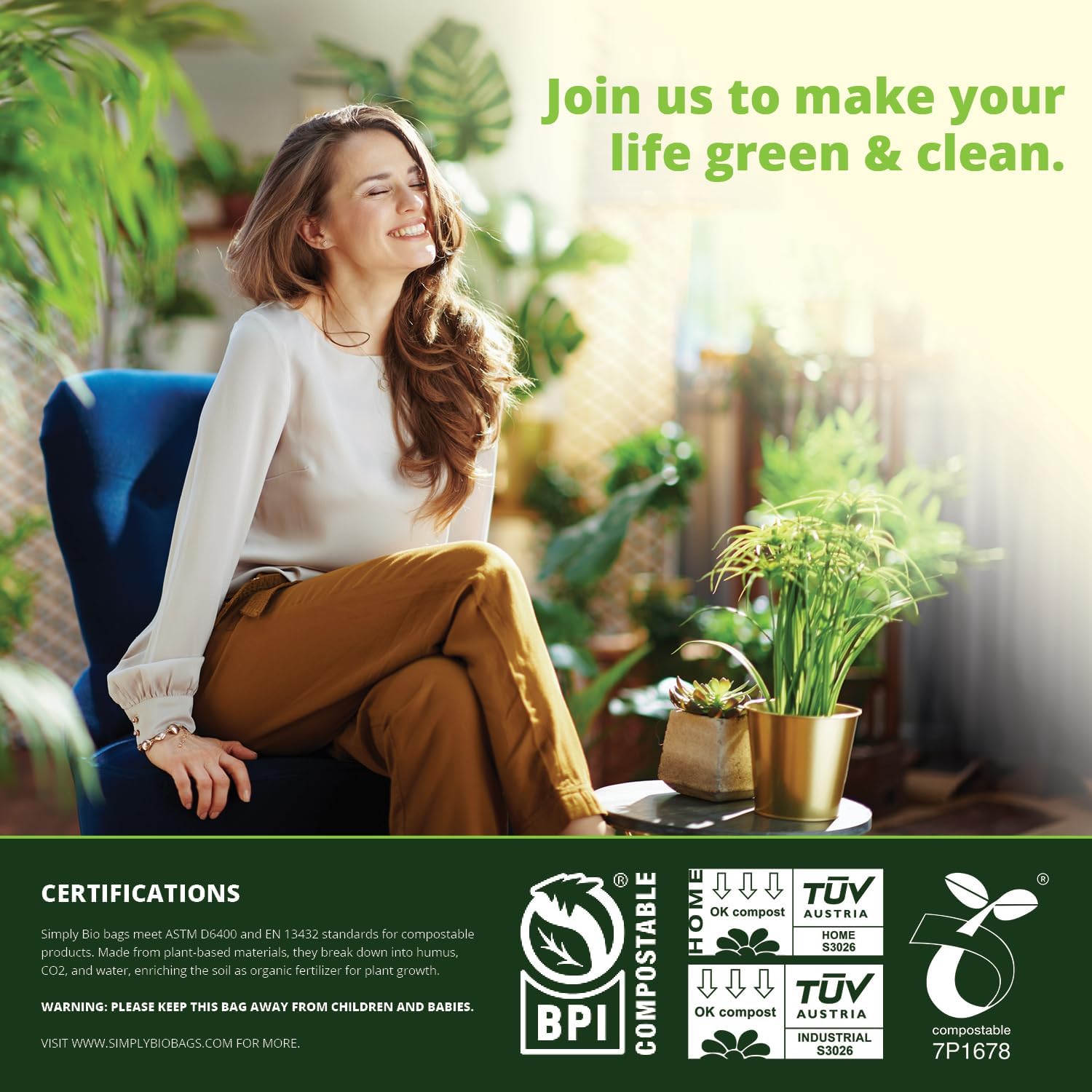 Simply Bio 3 Gallon Compostable Trash Bags Liners with Handle-Tie, Thick 0.67 Mil, 11.36 Liter, 80