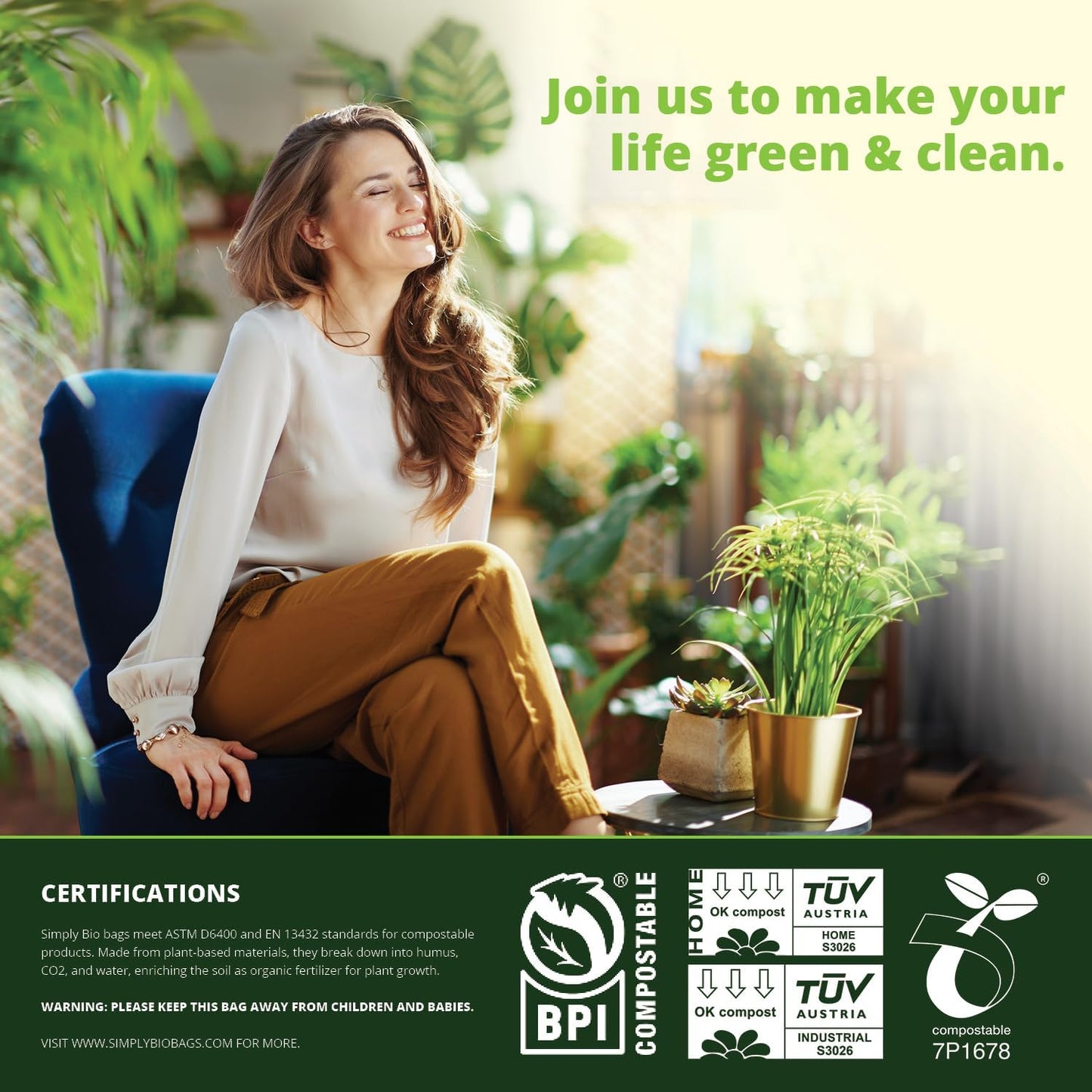 Simply Bio 13 Gallon Compostable Trash Bags Liners with Flat-Top, Thick 0.87 Mil, 49.21 Liter, 50