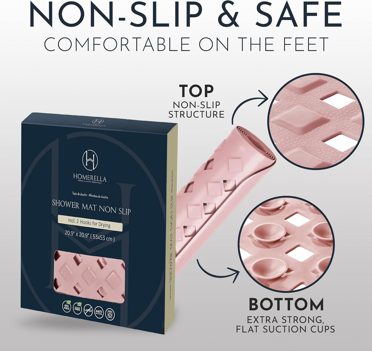 Homerella Anti Slip Shower Mat | Anti Mold Non Slip Bathtub Mat for Inside Shower | Square Floor