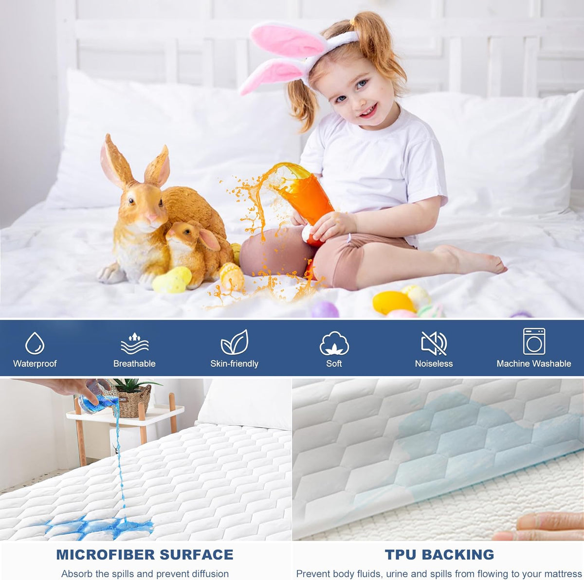 GRT Twin Mattress Protector Waterproof, 100% Waterproof Quilted Fitted Mattress Pad, Noiseless