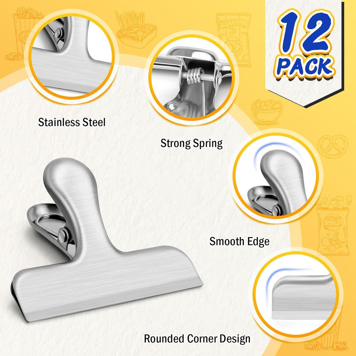 VNDUEEY 12 Pack Stainless Steel Chip Clips, Bag Clips for Food, Heavy Duty Snack Clip Metal Clip to