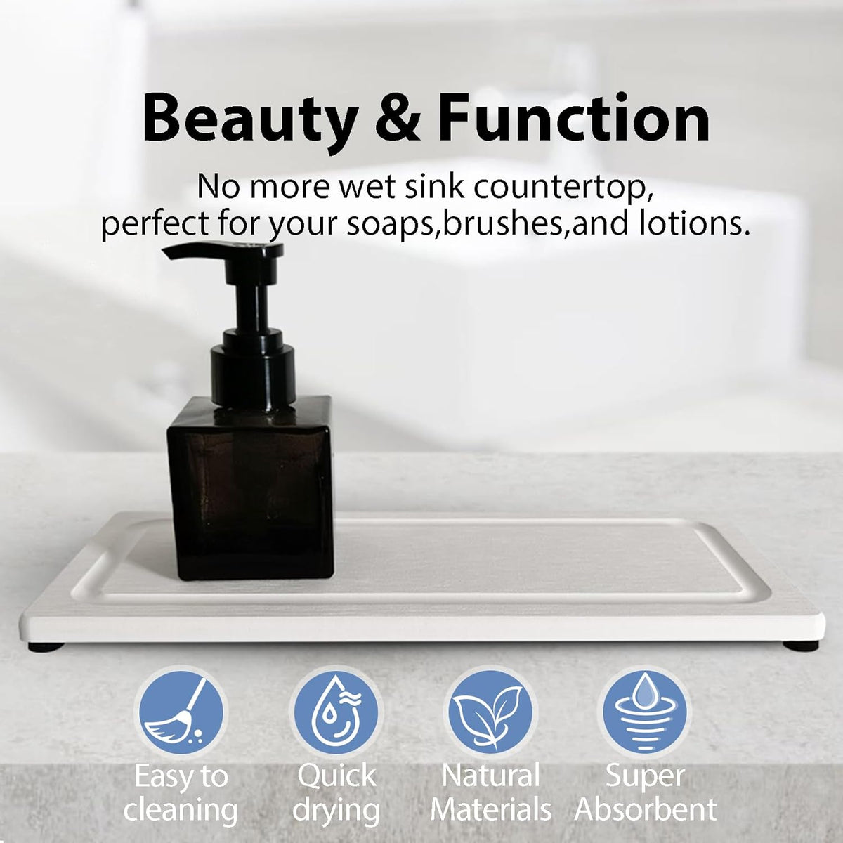 2 PCS Fast-Drying Stone Trays for Bathroom Sink & Kitchen Counter, Water Absorbing Diatomite Sink