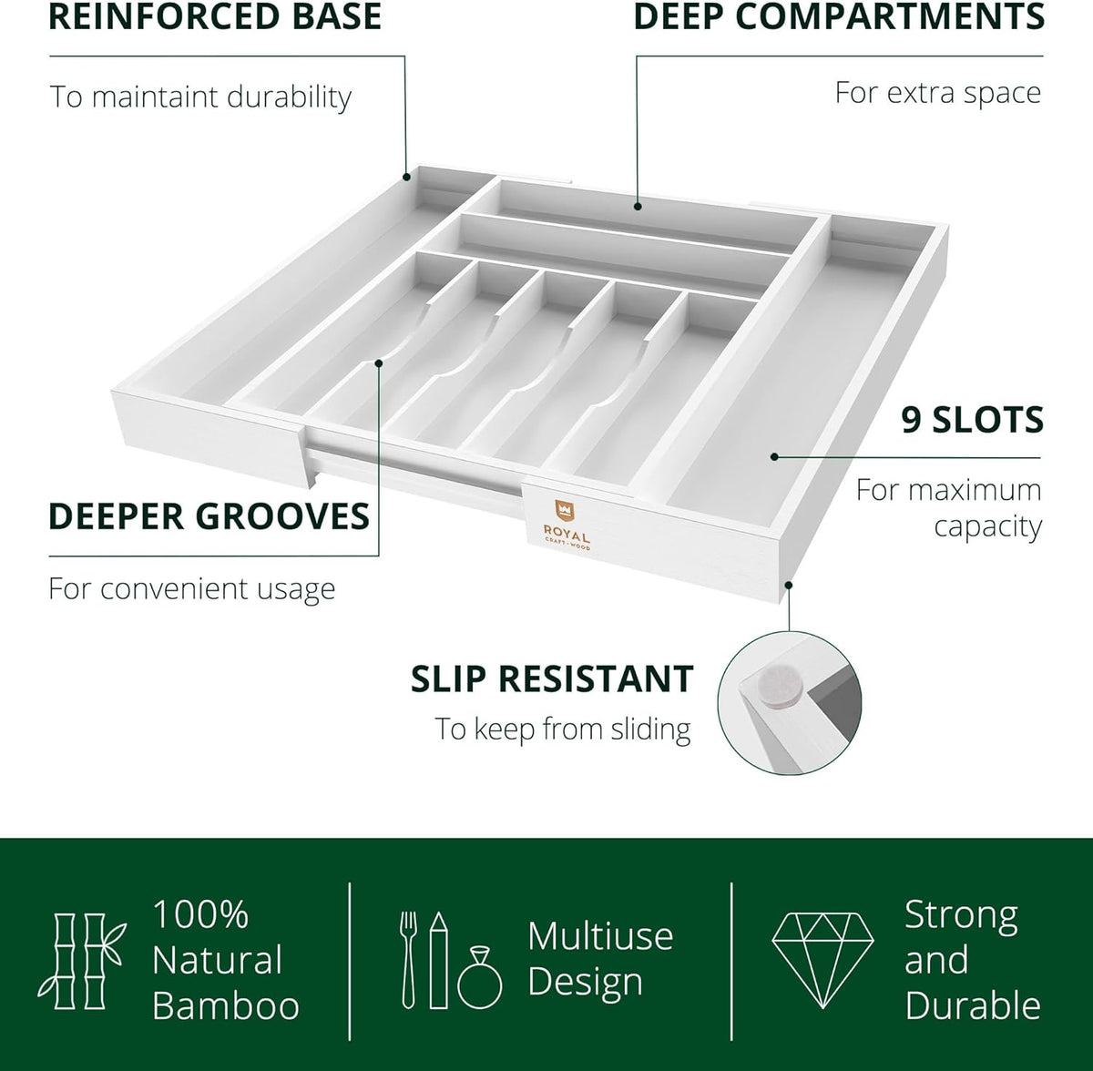 ROYAL CRAFT WOOD Luxury Bamboo Kitchen Drawer Organizer - Silverware Organizer - Utensil Holder and