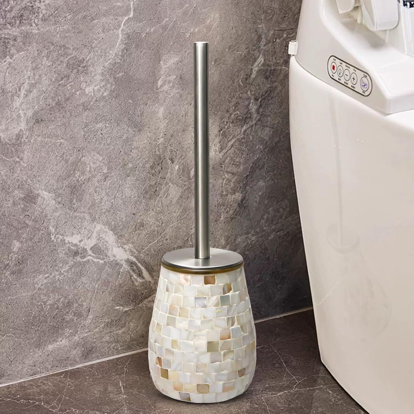 WDHODEC Natural Shell Toilet Brush and Holder Set Mosaic Glass, Stainless Steel Toilet Scrubber