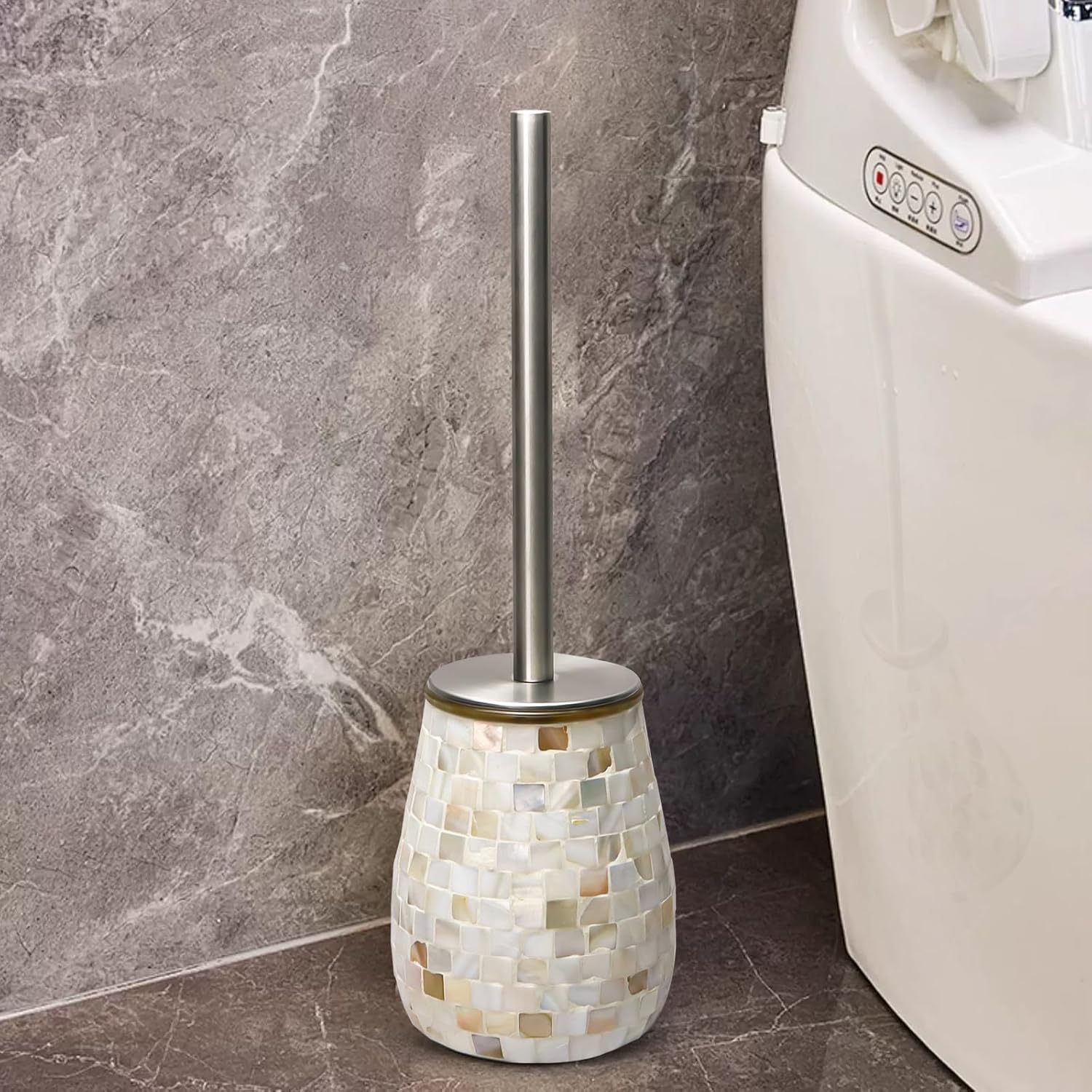 WDHODEC Natural Shell Toilet Brush and Holder Set Mosaic Glass, Stainless Steel Toilet Scrubber