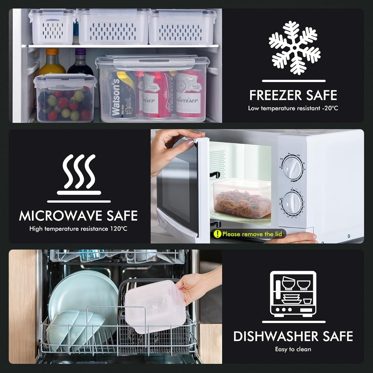 HOTEC 5-Pack Large Fruit Storage Container for Fridge Leak proof with Removable Colander, BPA Free