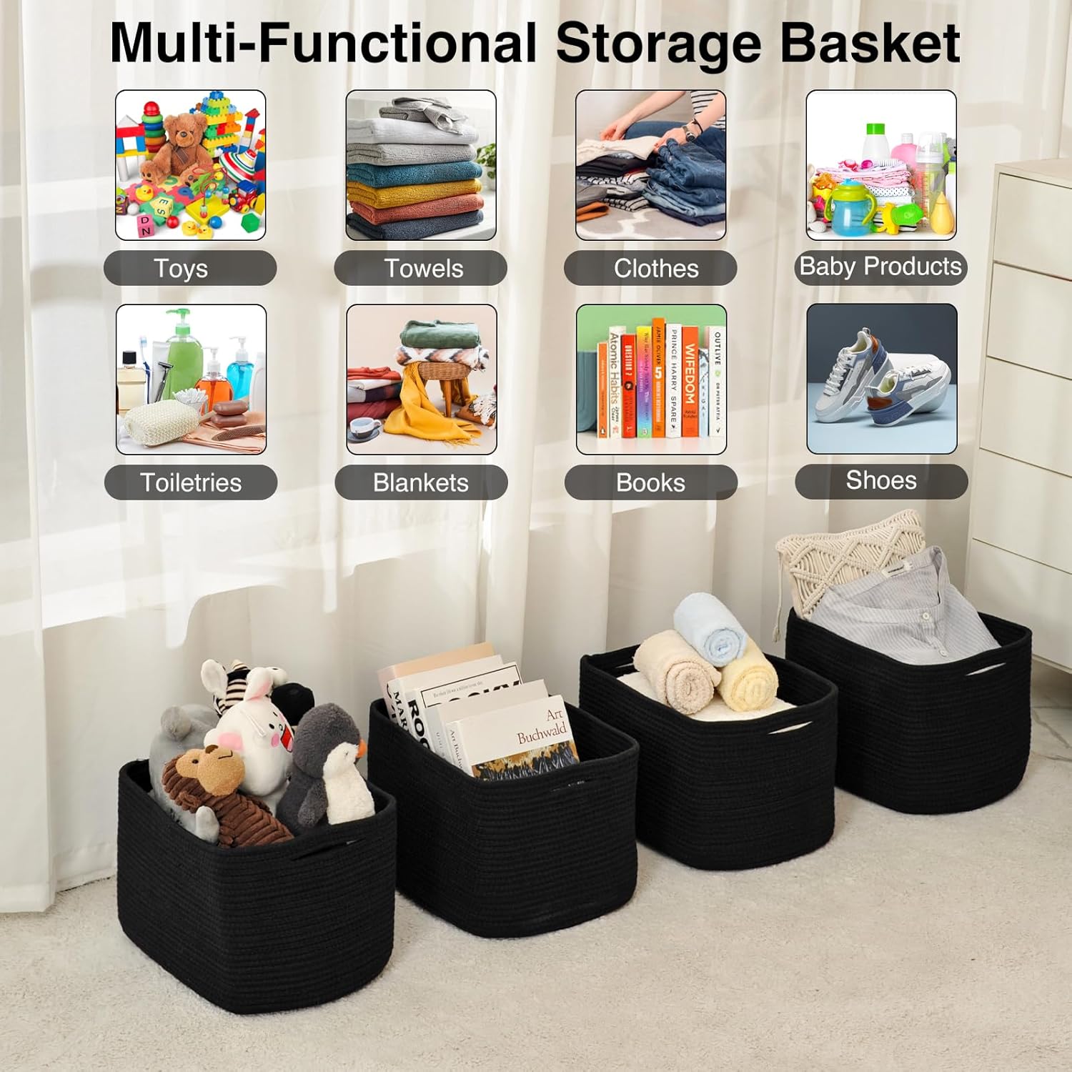 Storage Baskets for Organizing & Shelves, Woven Cotton Rope Organization Bins for Dog Toys