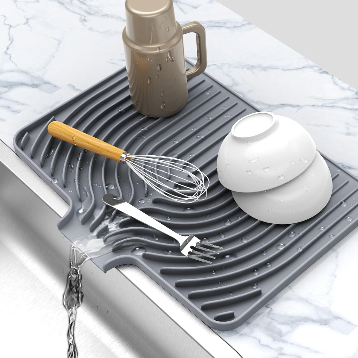Dish Drying Matt for Kitchen Counter,18"×12"Silicone Dry Rack Mat with Built in Drain, Kitchen Dry
