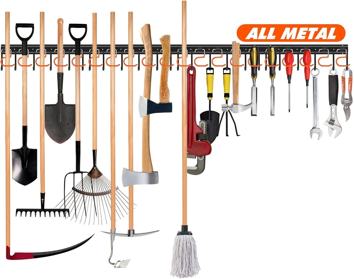 68'' All Metal Garden Tool Organizer Wall Mount Garage Tool Organizers and Storage Broom Holder