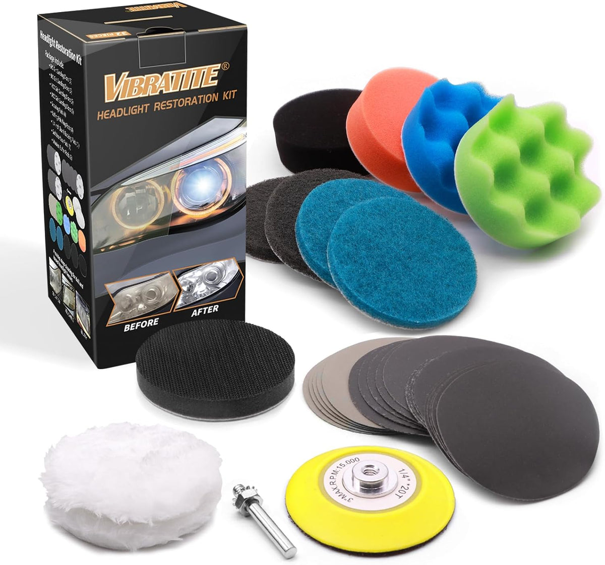 VIBRATITE Car Headlight Restoration Kit, 3 Inch Car Polishing Sanding Discs with 1/4 Inch Shank