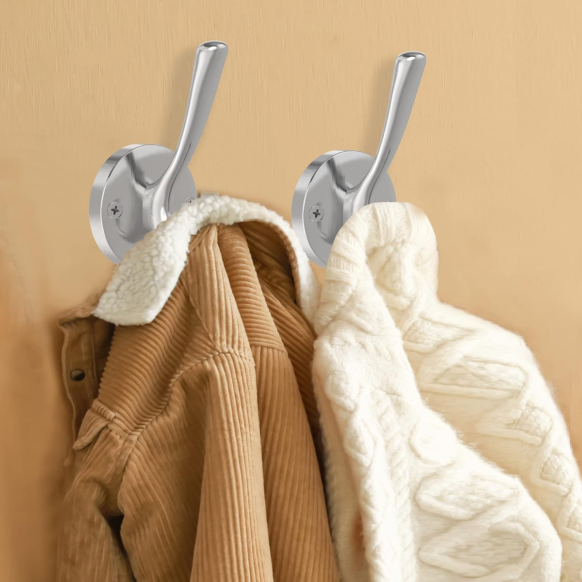 Brushed Nickel Wall Hooks Towel Hooks, 2 Pack Coat Robe Hook Heavy Duty Bathroom Double Hook Wall