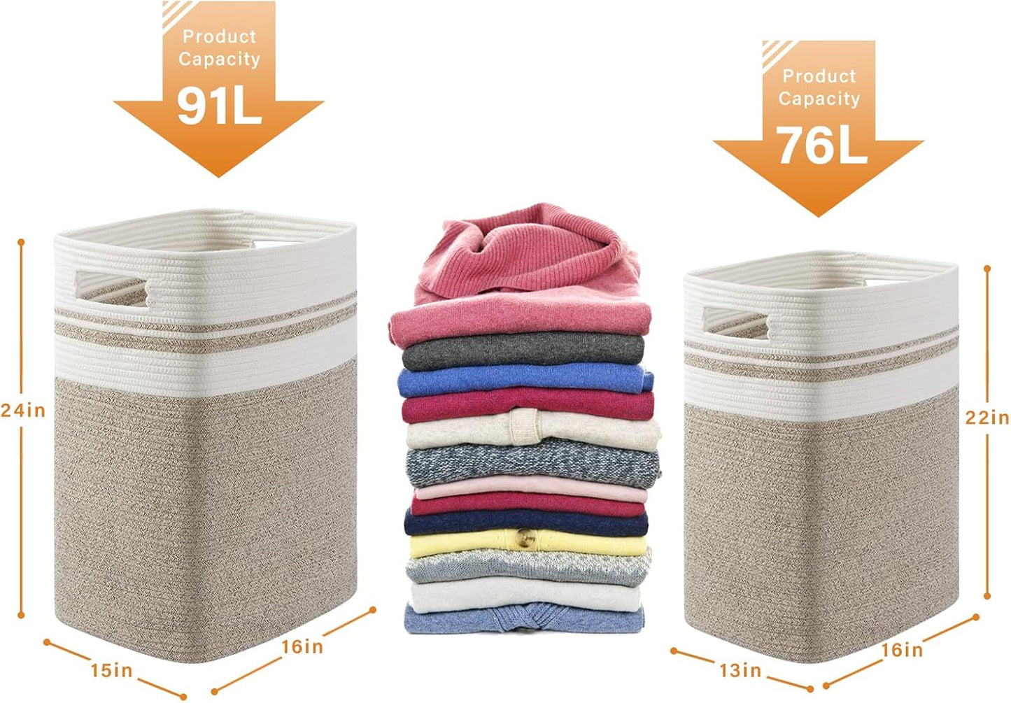 OIAHOMY 91L Laundry Hamper, XXXLarge Laundry Basket, Collapsible Cotton Rope Basket,Woven Storage