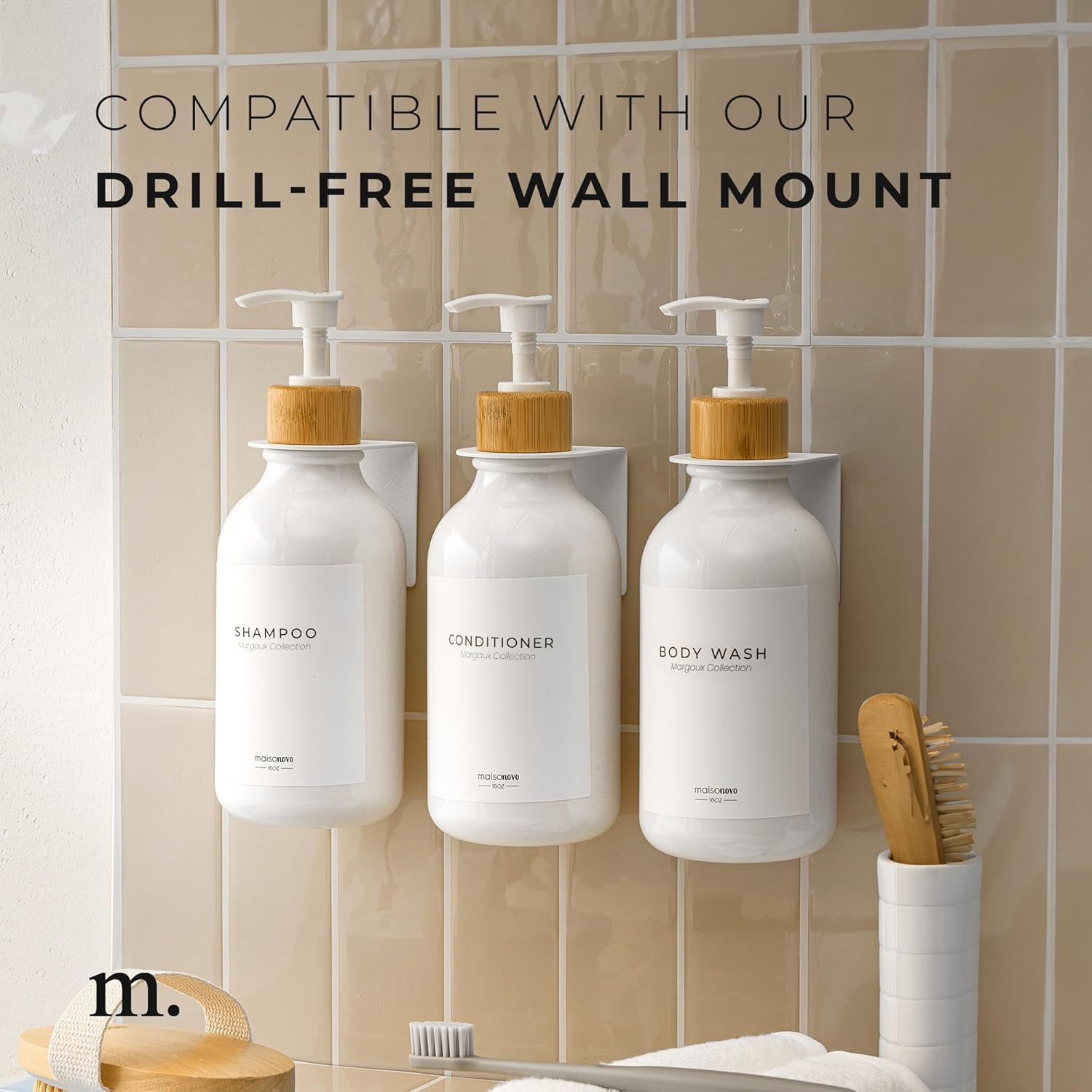 MaisoNovo Refillable Shampoo and Conditioner Bottles | 16.9 fl oz Set of 3 White Plastic Bottles