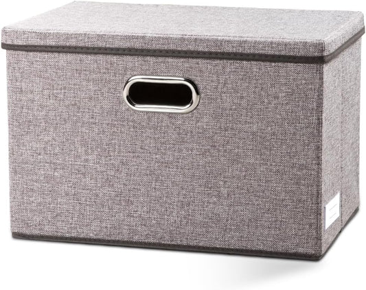 PRANDOM Large Foldable Storage Bin with Lid [1-Pack] Linen Fabric Decorative Storage Box Organizer