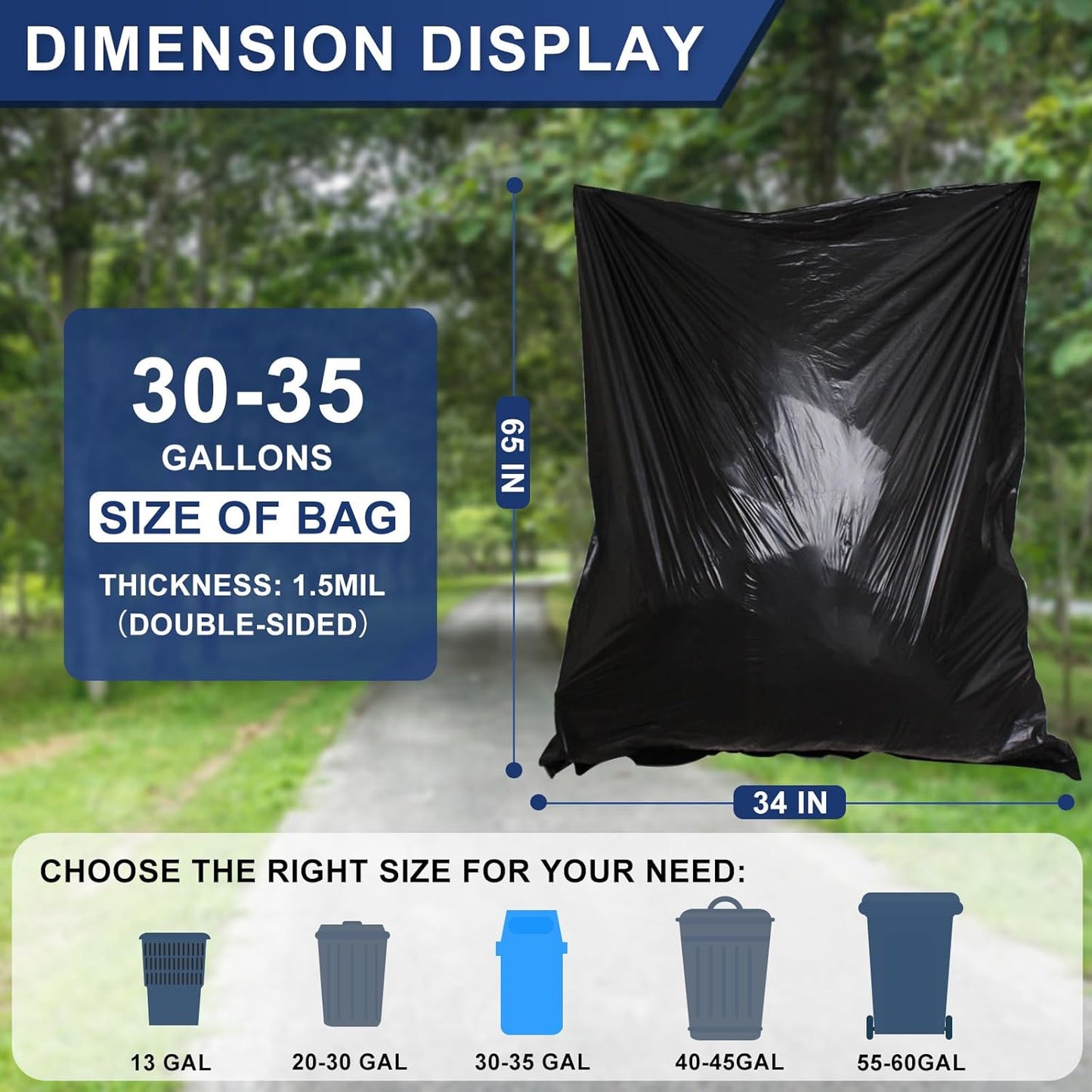 30-35 Gallon Trash Bags Heavy Duty 1.5 Mil - 35" x 37" 100 Count Large Black Garbage Bags 30+