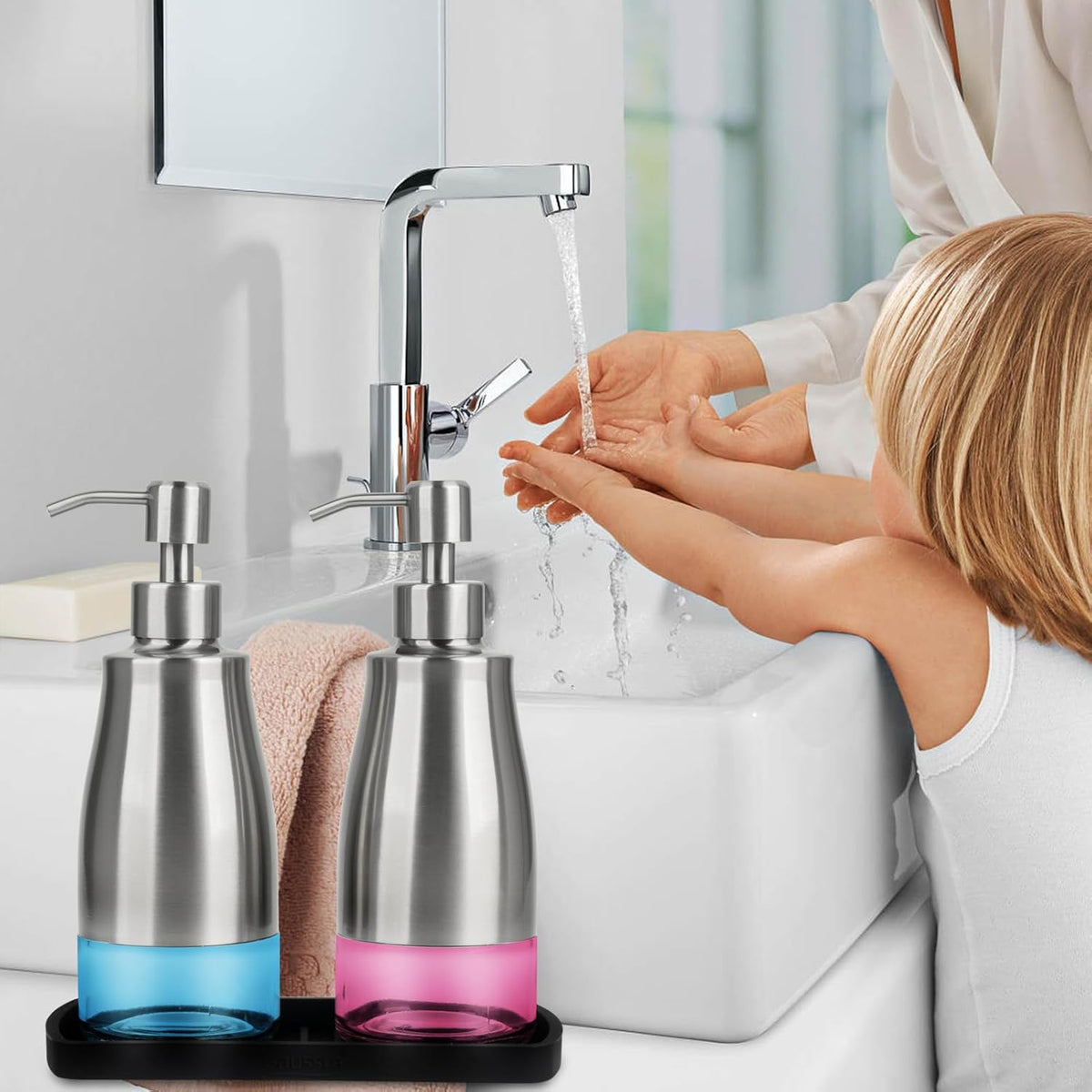 Gaussra Kitchen Soap Dispenser Set with Silicone Tray and Stickers - Brushed Nickel, Stainless