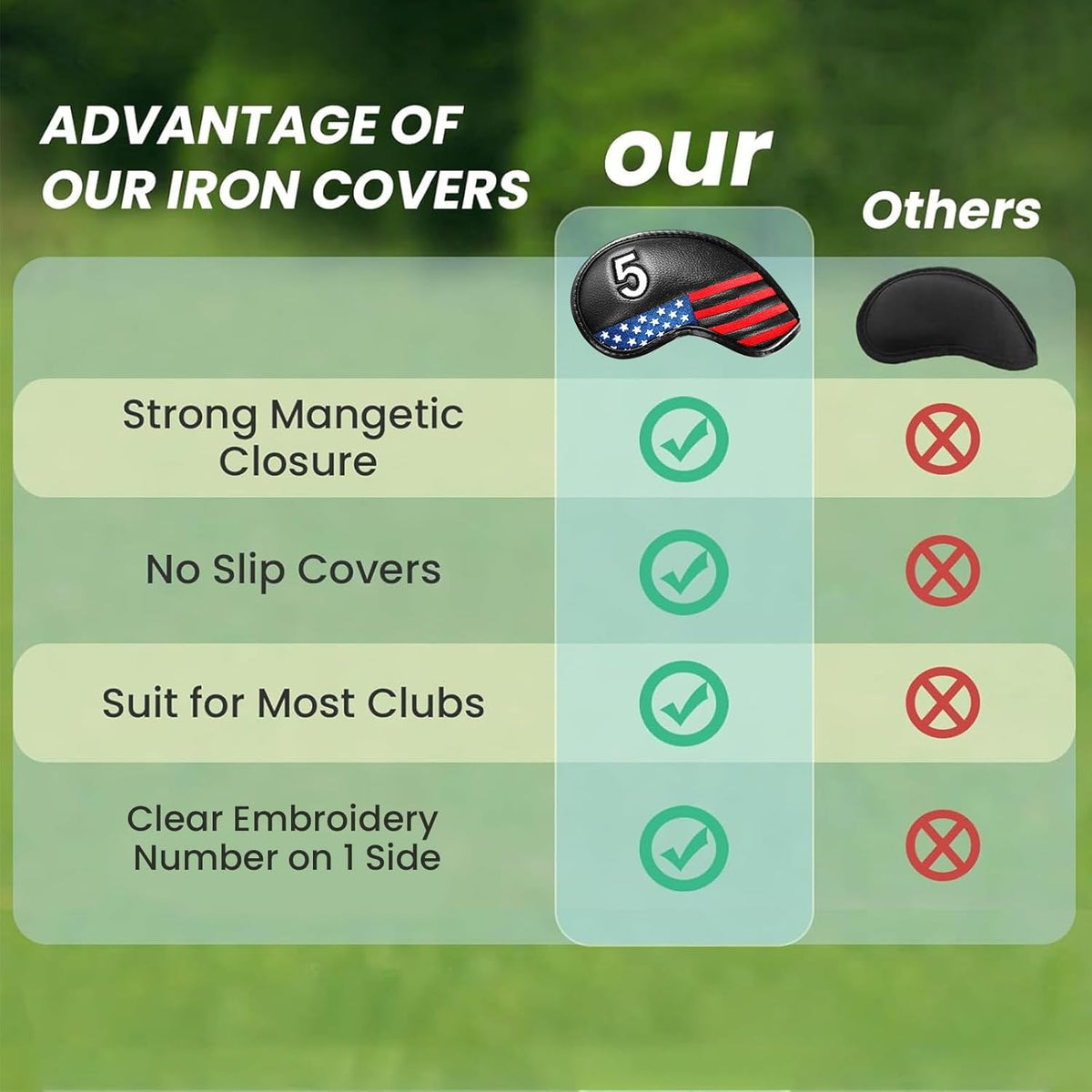 FINGER TEN Golf Club Covers for Irons Magnetic Value 11 Pack, Synthetic Leather Deluxe Head Cover