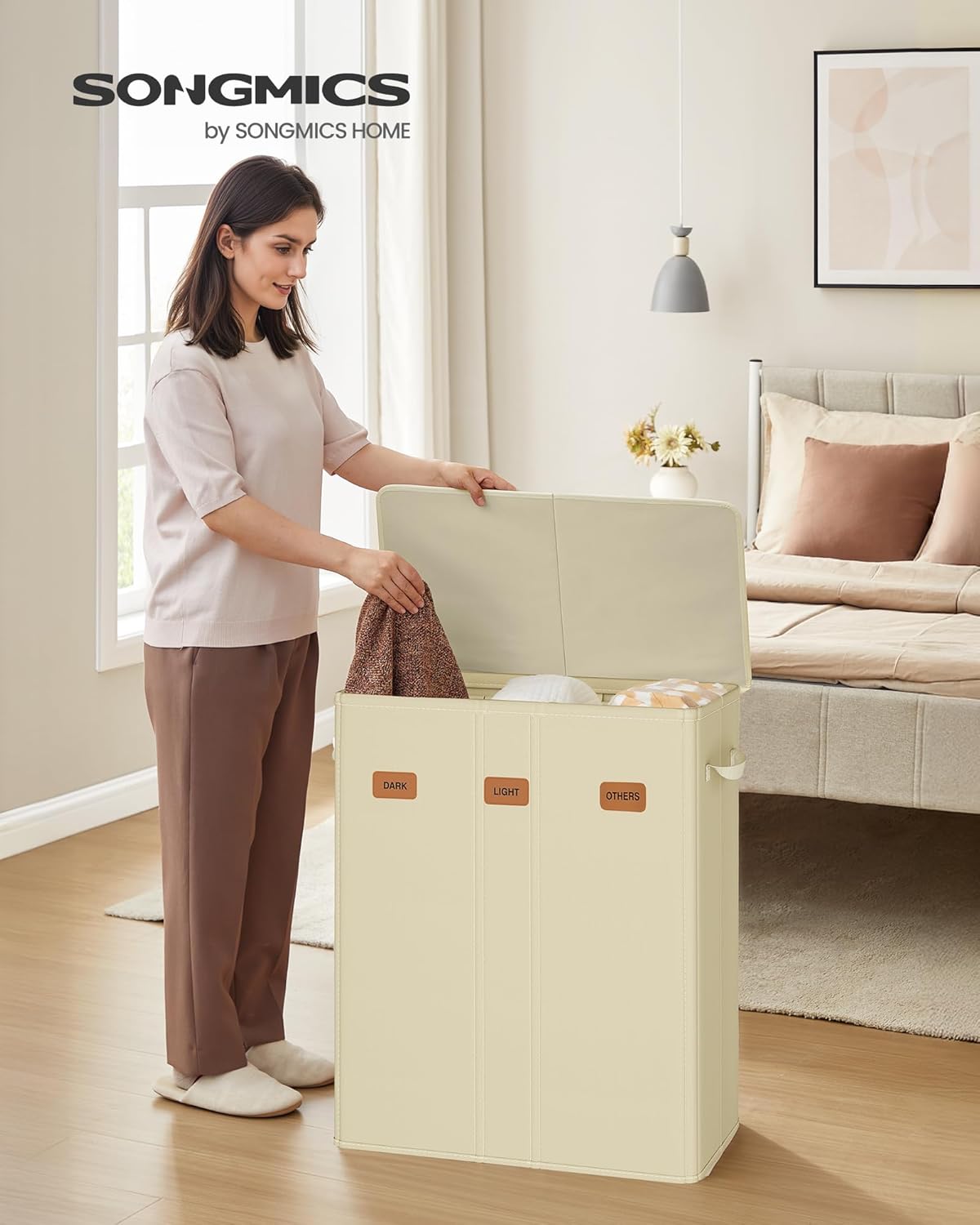 SONGMICS 42.2 Gallon (160 L) Laundry Hamper, 3-Compartment Laundry Basket Sorter with Lid, Labels