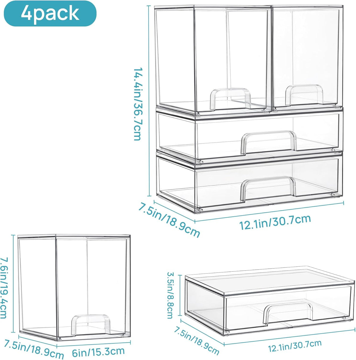 Vtopmart Clear Stackable Storage Drawers Set of 4, Plastic Organizer Bins for Makeup, Cosmetics