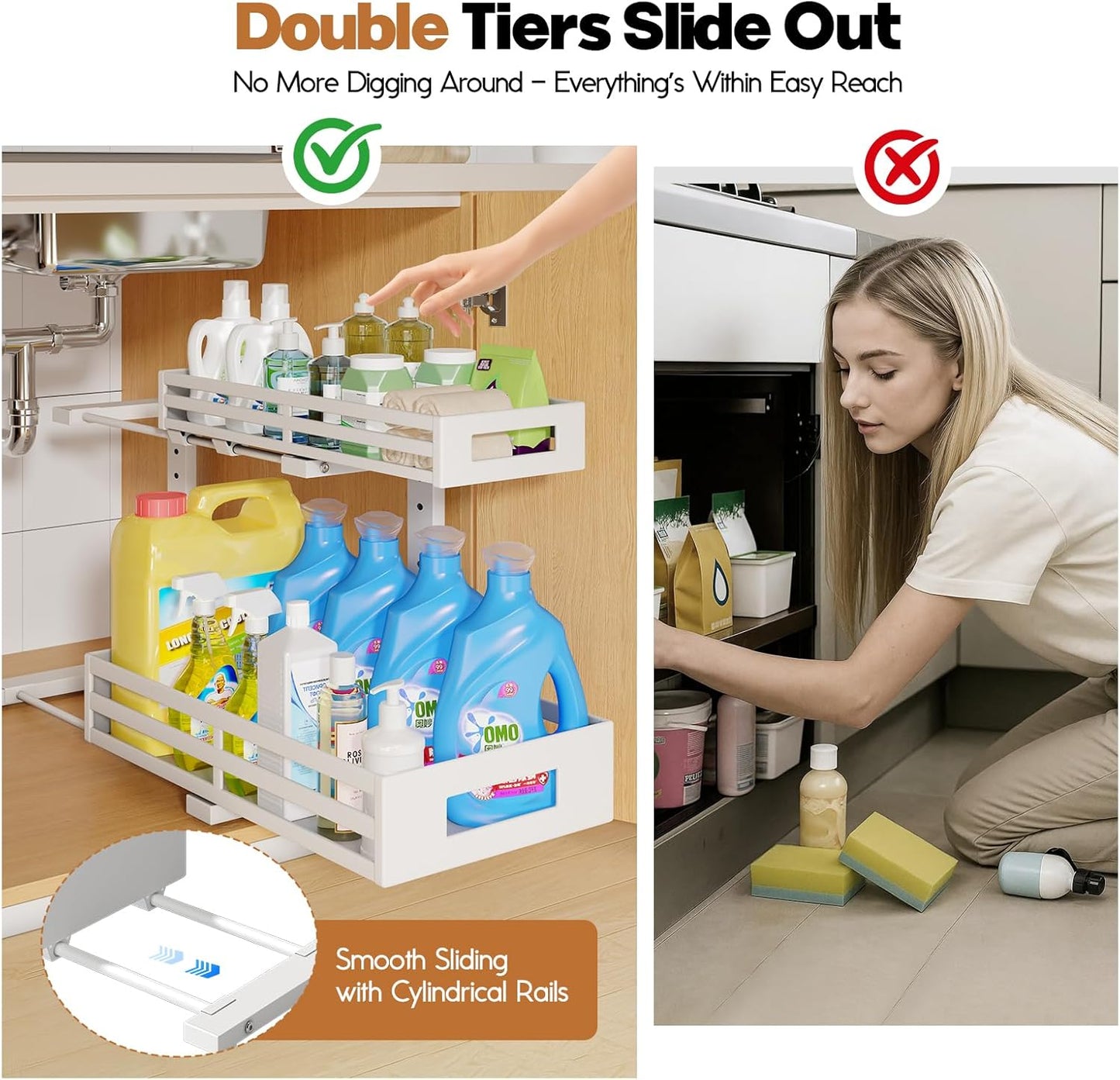 2-Pack 17"Deep Under Sink Organizer And Storage, 2-Tier L-Shaped Pull Out Cabinet Organizer with