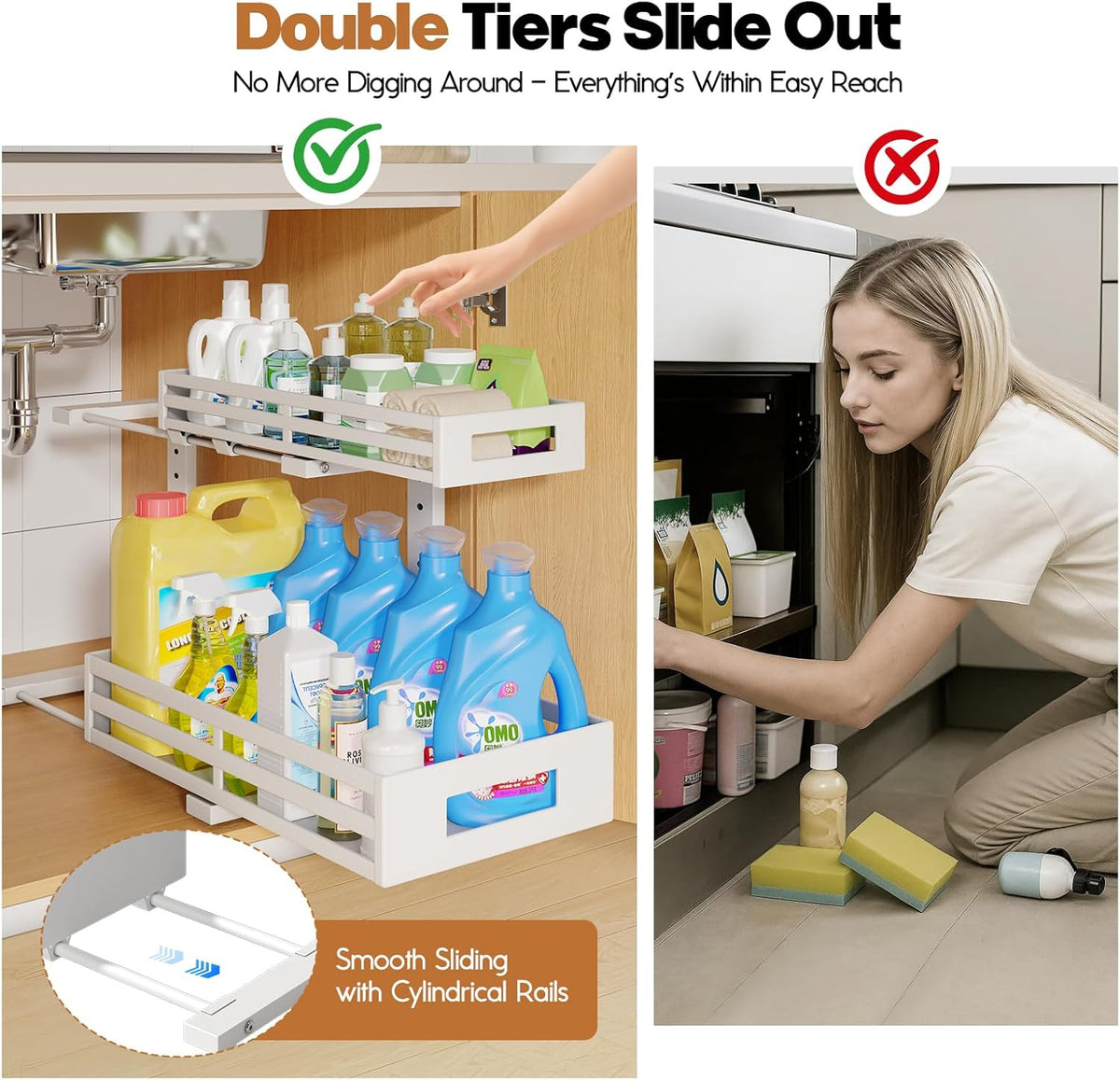 2-Pack 17"Deep Under Sink Organizer And Storage, 2-Tier L-Shaped Pull Out Cabinet Organizer with