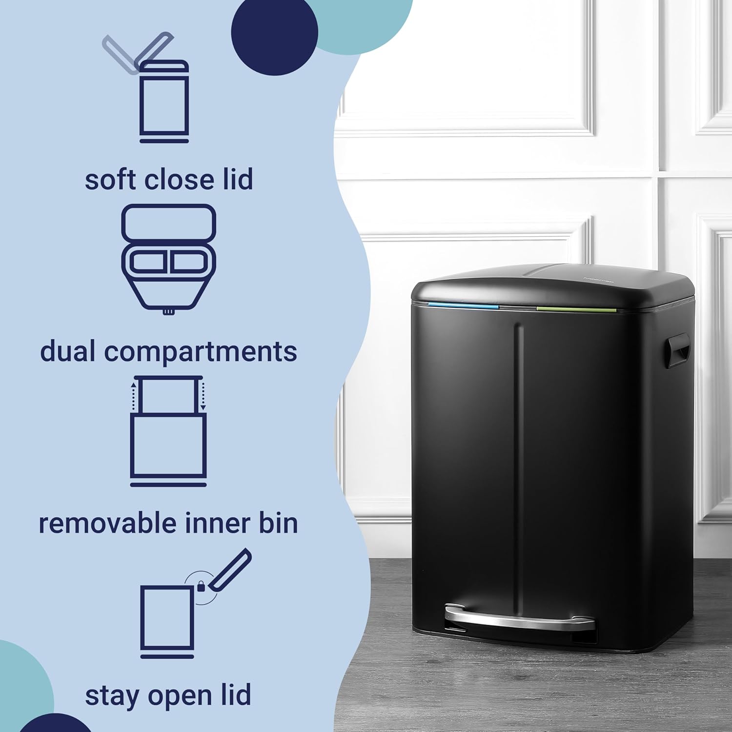 happimess HPM1005B Marco Rectangular 10.6-Gallon Double Bucket Trash Can with Soft-Close Lid