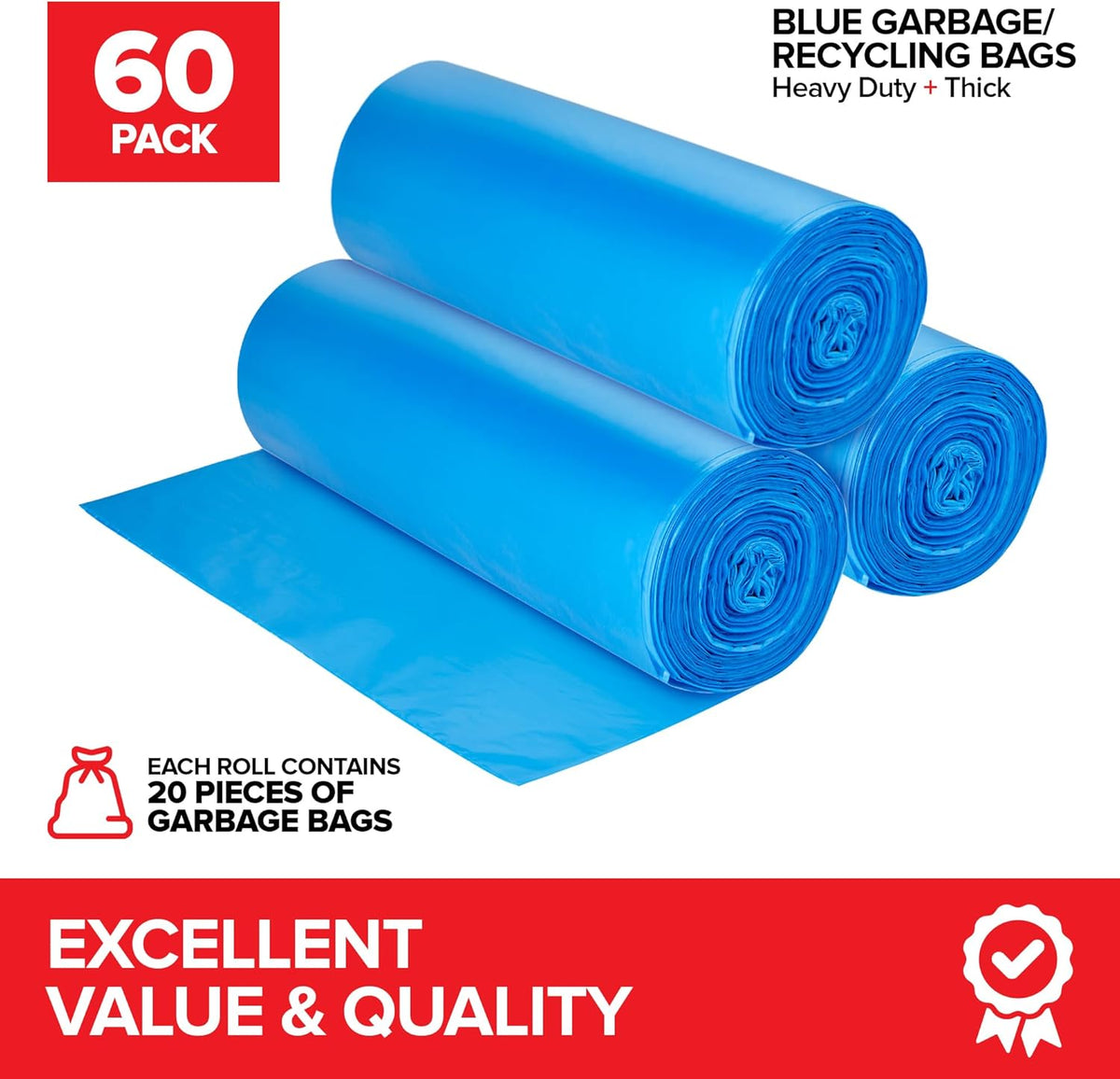 Heavy-Duty Blue Recycling Bags, 60-Pack Blue Garbage Bags For Recycling | 33-Gallon Capacity|