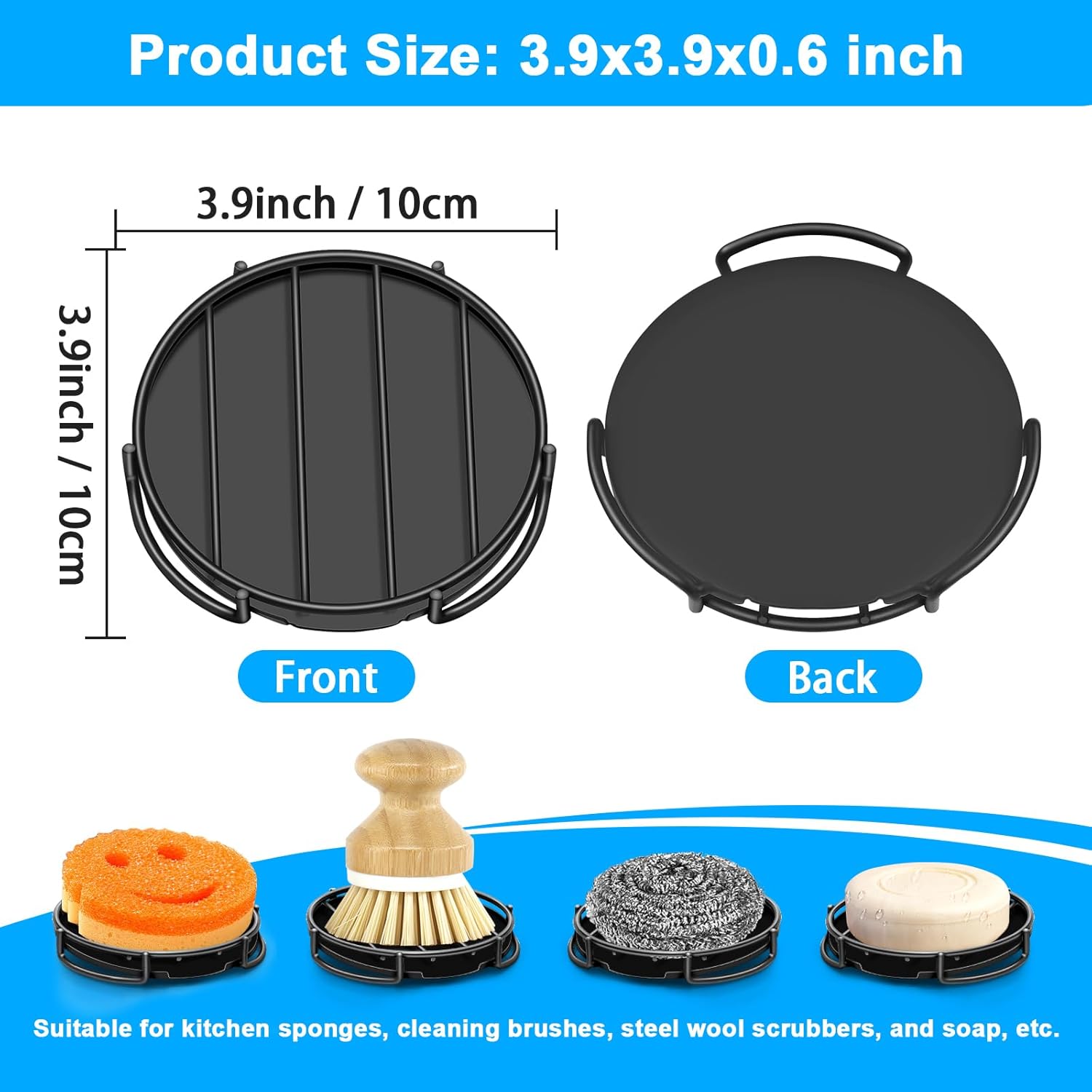 Stainless Steel Smiley Face Dish Sponge Holder, Black Sink Caddy for Kitchen Countertop, Soap Bar